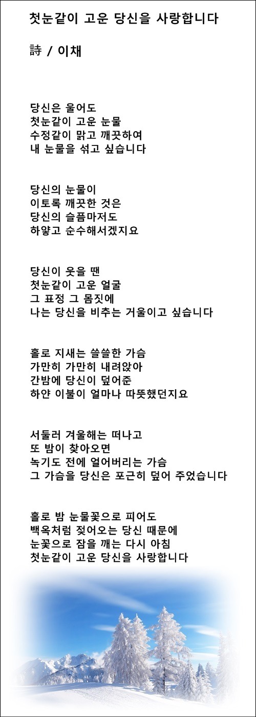 첫눈 같이 고운 당신, 첫눈 시 2편 / 이채시인
