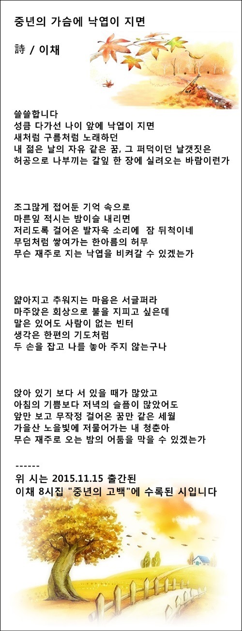 중년의 가슴에 낙엽이 지면, 등 중년시 3편 / 이채시인