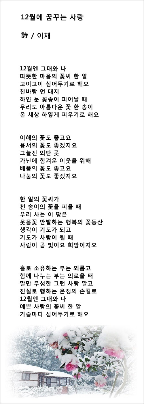 중년의 가슴에 12월이 오면, 12월에 꿈꾸는 사랑, 등 3편 / 이채시인