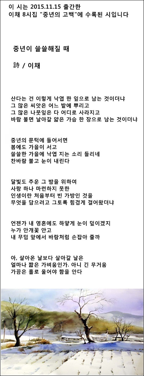 중년의 아름다움은 깨달음에 있습니다, 등 중년시 2편 / 이채시인