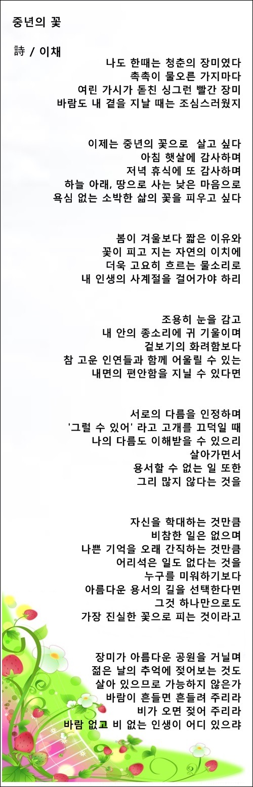 중년엔 가슴에서 꽃이 피어요, 등 중년시 4편 /이채시인