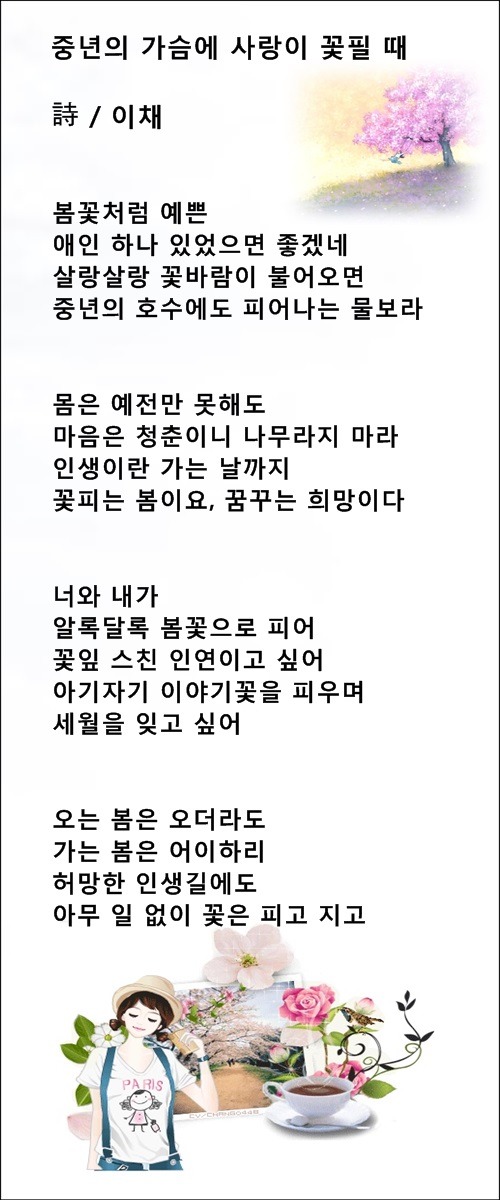 중년엔 가슴에서 꽃이 피어요, 등 중년시 4편 /이채시인